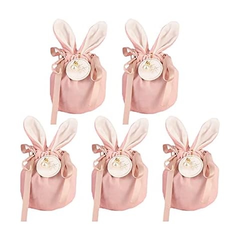 HIMM Easter Candy Bags,5 PCS Chocolate Jewelry Organizer Velvet Bags with Cartoon Rabbit Ears Party Gift Packing Bags for Bakery Party with Stickers (Pink) Cover