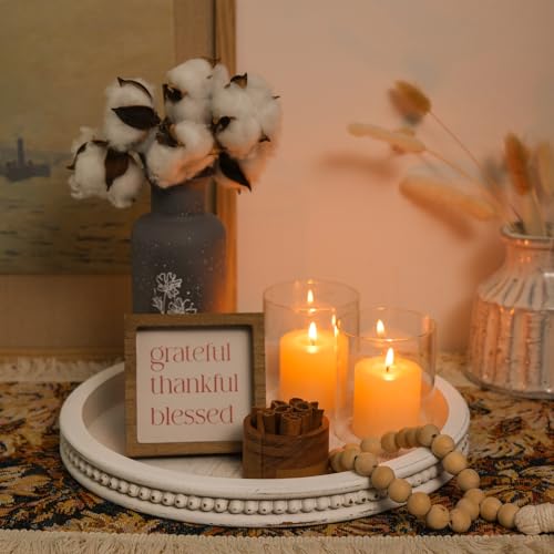 Farmhouse Wood Tray Candle Holder - Romadedi Bead Round Wooden Decorative Tray for Coffee Table Decor Serving Trays Kitchen Counter Rustic Centerpiece for Living Room Home Organizer, White Washed - Image 2