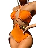 MakeMeChic Women's Chain Ring Linked Cut Out Halter One Piece Swimsuit Tie Back Monokini Bathing Suit Orange M