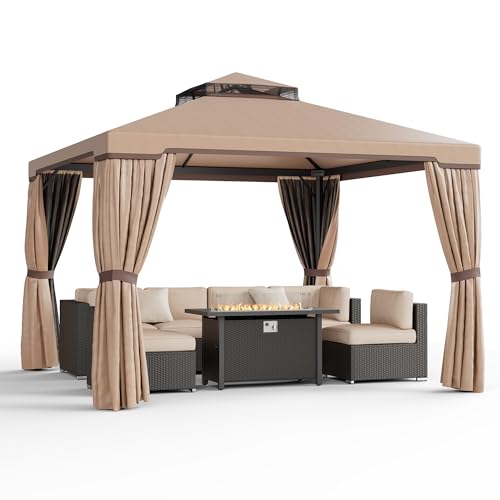 Incbruce Outdoor 10x10 Garden Gazebo, Steel Vented Double Roof Patios Canopy, Outside Gazebo with Mosquito Netting for Backyard, Lawns, Party (Brown)