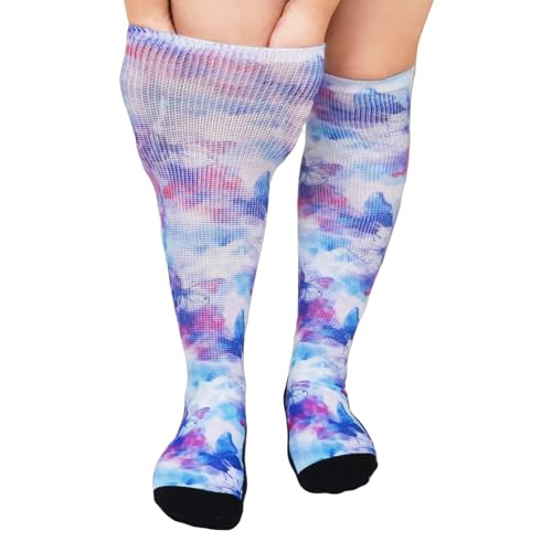Hellomamma Diabetic Socks for Women: Knee High Floral Printed Non Binding Hospital Seamless Socks for Elderly Women Edema Pain Relief Butterfly 13-15