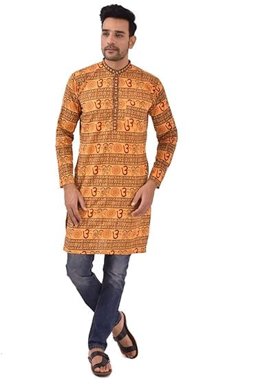 pk hub Men's Cotton Straight Om Printed Long Sleeves Kurta | OM Printed | Savan | Kurtas for Pooja (in, Alpha, M, Regular, 1, Yellow)-picture-32