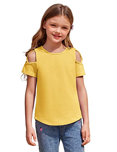 Greatchy Girl's Casual Big Kids Short Sleeve Summer Cute Plain Cotton Casual Tees Shirt Tops With Cold Shoulder #TOP2