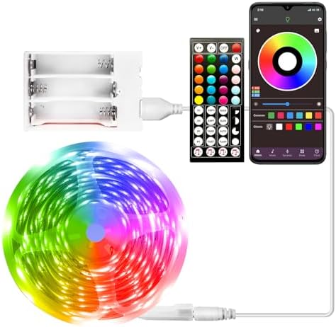 RUISHINE Battery Powered LED Strip Lights 25 ft, Color Changing Music Sync App Remote Control RGB USB Lights for Bedroom, TV, Room