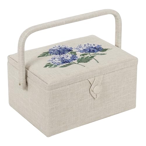 Hobby Gift Exclusive Medium Sewing Craft Hobby Storage Box, Accessories Tray Pin Cushion Pocket PVC Handle Embroidered Lid 18.5 x 25.5 x 14.5cm, Hydrangea