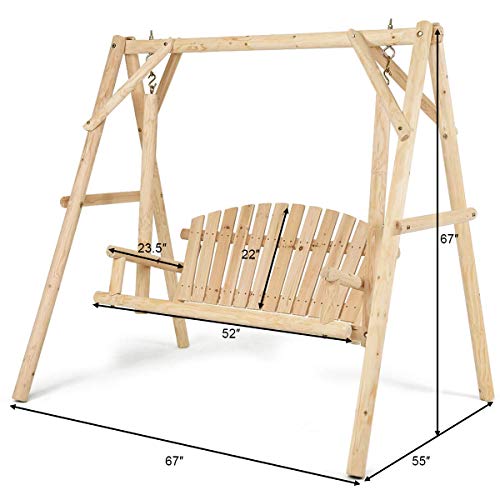 Image of Tangkula A-Frame Wood Log Swing Bench, Outdoor Rustic Curved Back Swing Chair for Patio Garden Yard