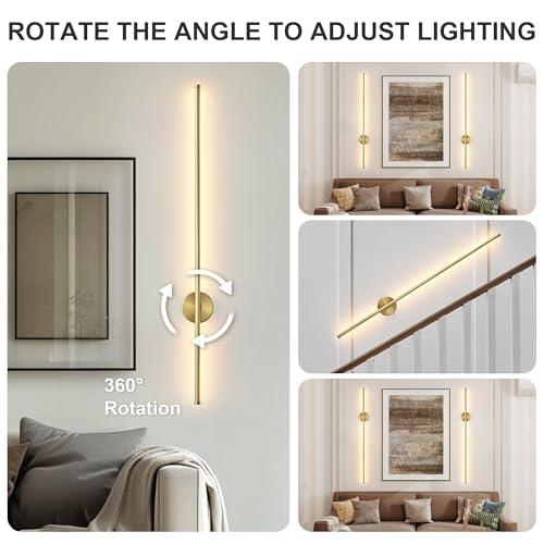 Image of Battery Operated Modern Wall Sconces Set of Two,Rechargeable Wireless Wall Lights with Remote Control,Dimmable,3CCT,Timer,360Rotation,Cordless Lighting for Bedroom,Living Room,Hallway,Brass,39.3 Inch