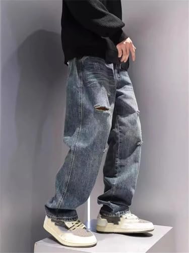 Men's Denim Pants Vintage Ripped Loose Straight Casual Denim Pants4