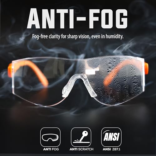Image of BISON LIFE Vison Safe, BoxerX Safety Glasses Adjustable Angle Temples, Frameless Anti-scratch and Anti-fog Clear Lens Orange Temple - Pack of 1
