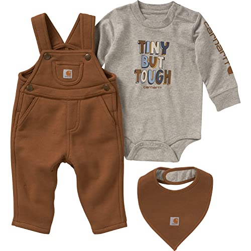 Image of Carhartt Baby Boys' Long-Sleeve Bodysuit Overalls and Food Bib 3Pc Set