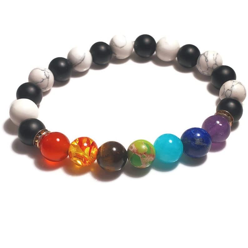Bracelet 7 chakras howlite et onyx mat perles 8mm élastique 18cm pour hommes et femmes