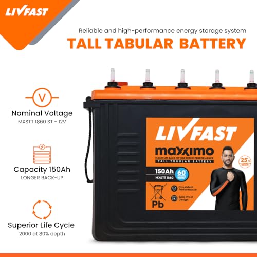 Image of Livfast Maxximo Short Tall Tubular High-Performance Battery MXSTT 1860 | 150 Ah | 60 Months Warranty | Durable Backup Power for Home and Office, Long-Lasting Backup