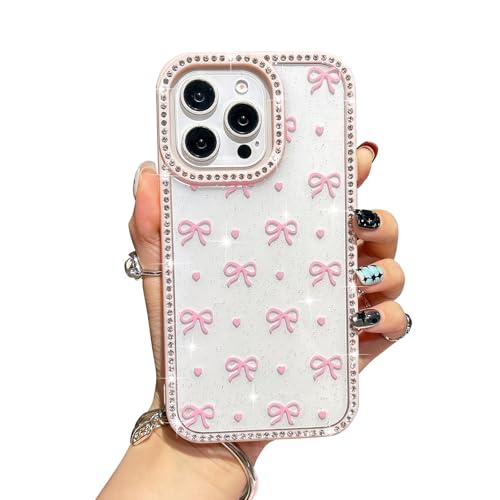 Coque iPhone 16 Pro antichoc avec bord strass et noeud rose floral