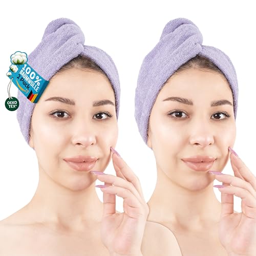 Hammetex Haartuch Damen 2er Set – Haarhandtuch aus 100% Baumwolle – Oeko-TEX Zertifiziert – Weich, Saugstark – Haarturban mit Knopf, Lilac