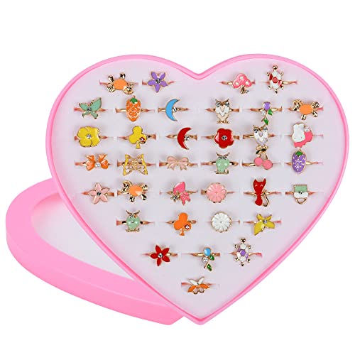 Osdue 36 Pcs Little Girl Jewel Rings In Box, Adjustable, No Duplication Kids Jewelry Rings Set With Heart Shape Display Case, Girl Pretend Play And Dress Up Rings For 3-12 Year Old Girl Birthday Gifts #TOP1