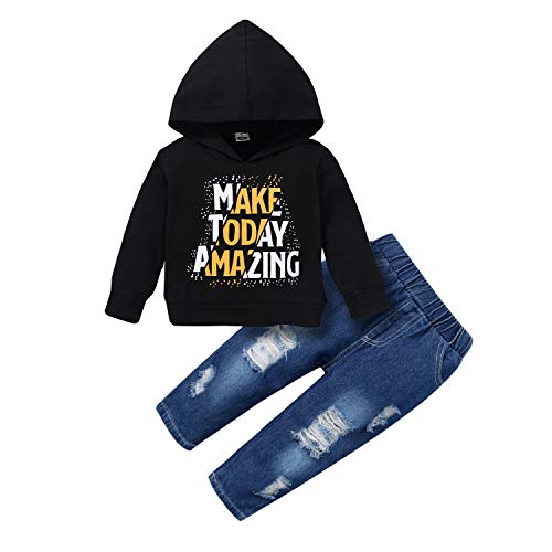 Toddler Baby Boy Clothes, Long Sleeve Letter Hoodies Top+Ripped Denim Pants 2pcs Fall Winter Outfit Sets Black Yellow