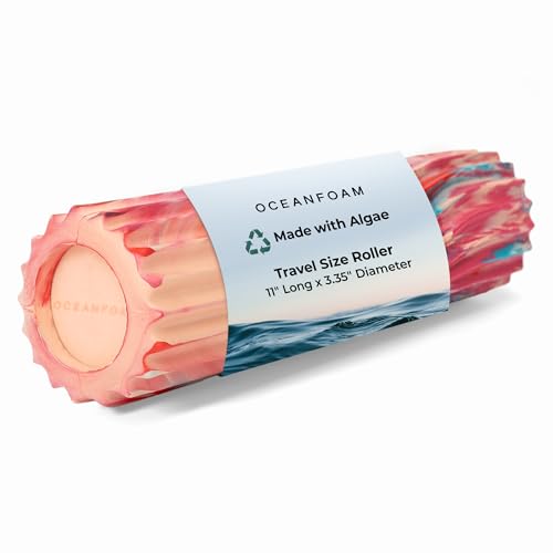 Oceanfoam Ripple Travel Foam Roller (11" x 3.35") Firm Mini Foam Roller for Physical Therapy, Deep Tissue Massage, Back Pain - High Density, Ergonomic Wave Textured - Yoga, Exercise (Cotton Candy)