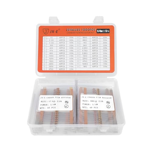 JX-E Resistors Assortment Kit, 1000 Pcs 25 Values 1 Ohm to 1M Ohm 1/4W Carbon Film Resistors Kit with ±5% Tolerance for DIY Electronics, Repair and Educational Projects