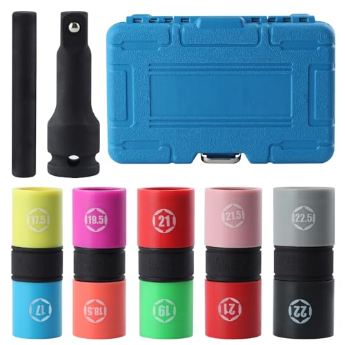 Image of LEONTOOL 1/2 Inch Drive Impact Socket Set Metric 17-22.5mm Double Side Lug Nut Socket Set Impact Flip Socket Set 6-Point Thin Wall Socket Set Includes 3-Inch Impact Extension Bar and Knockout Bar