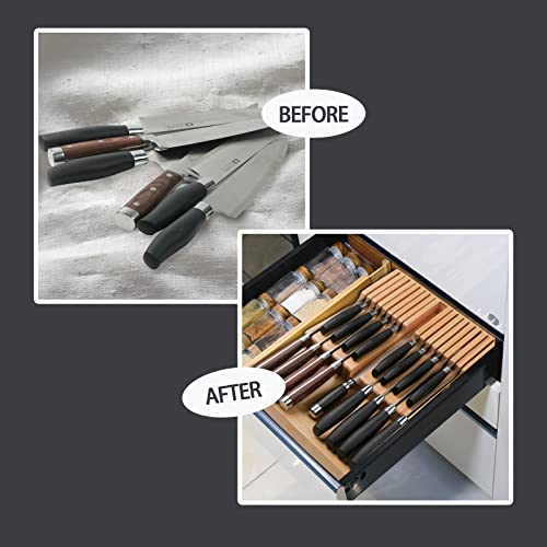Wencraft Bamboo Kitchen Drawer Knife Holder, In-Drawer Knife Block, Knife Drawer Organizer Fit For 16 Knives And 1 Steel Sharpening #TOP5