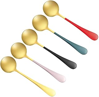 5 Pcs Soup Spoons, Stainless Steel Round Spoons, Dinner Spoons, Table Spoons, Colorful Handle Rice Spoons for Home Kitchen Restaurant