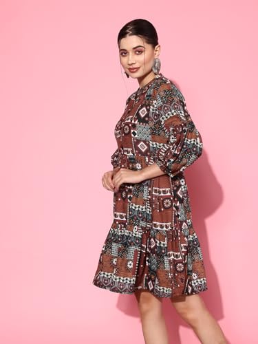 Image of YUFTA Rust Digital Print Fit and Flare Tiered Dress (1163DRSRT )