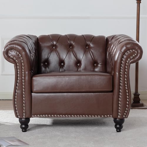 HRVEOCEI Oversized Chesterfield Chair, PU Leather Accent Chair with Tufted Back, Club Chair for Living Room Bedroom, Gothic, Victorian (Brown)