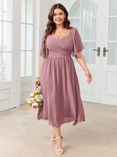 Image of SHESTARR Women's Plus Size Midi Dress Sweetheart Neck Short Sleeve Wedding Guest Cocktail A Line Flowy Dress