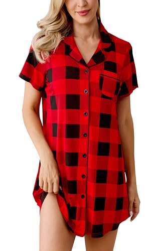 Image of Samring Pajama Nightgown for Women Short Sleeve Button Down Boyfriend Night Gown Nightdress Sleep Shirts