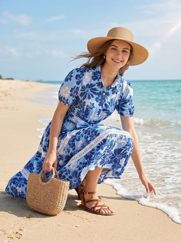 GRACE KARIN Women's 2026 Summer Floral Flowy Dresses Boho Tie Belt Short Puff Sleeve A Line Maxi Shirt Dress with Pocket Navy Flower Medium — view 6