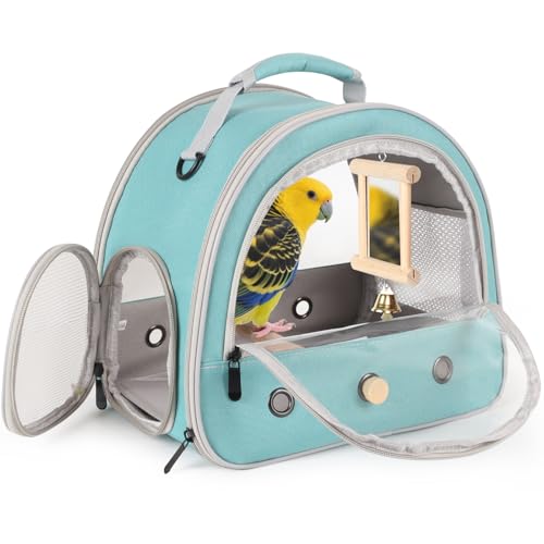 Parrot Travel Cage with Bird Cage Bells Mirror Set,Portable Small Bird Parakeet Bag with Standing Perch and Comfy Mat Bird Carry Transport Bag with Clear Window Vet Visit Shopping