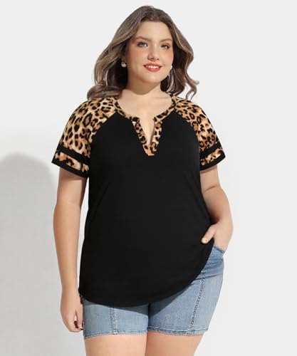 Image of CARCOS Plus Size Tops for Women Short Sleeve Summer Pullover Color Block Crewneck /V Neck Tee Tunic Loose Fit Tshirts XL-5XL