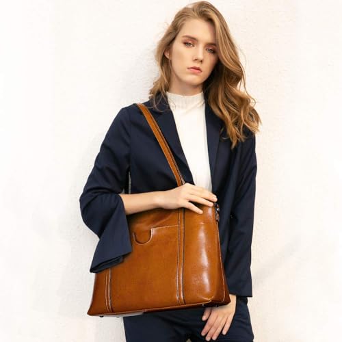 S-ZONE Women Genuine Leather Top Handle Satchel Daily Work Tote Shoulder Bag Large Capacity