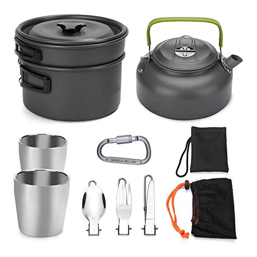 Utensilios De Cocina Camping JZK Aluminio camping utensilios de cocina portátil ligero camping olla set aire libre olla hervidor 2 tazas y vajilla para...