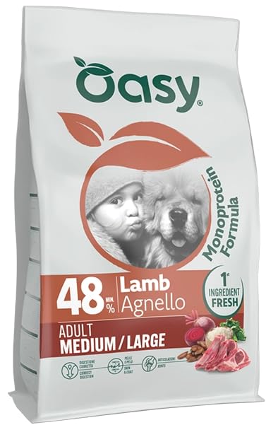 Oasy Dog Monoprotein Formula | Adult | Medium - Large | Agnello | Cibo Secco per Cani Adulti di Taglia Medio - Grande | Sacco da 10 Kg