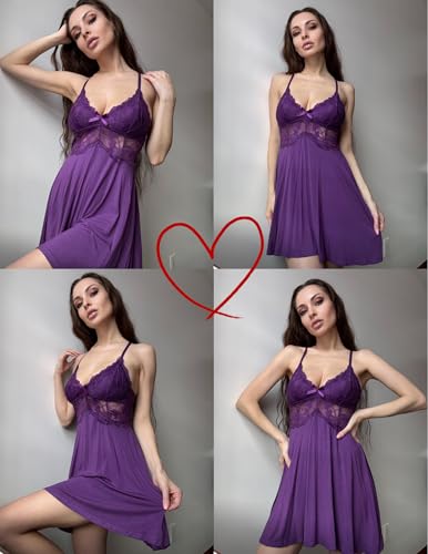 Image of Avidlove Sexy Modal V Neck Lace Babydoll Lingerie Dress Set with Thong 2 Piece