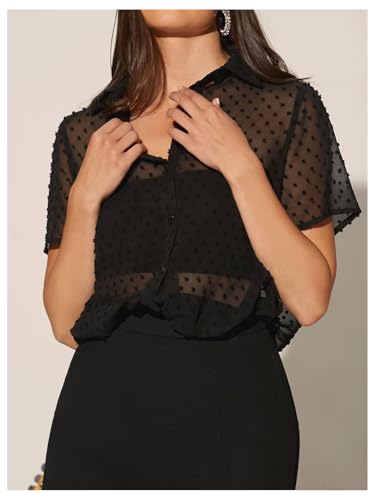 Milumia Women's Swiss Dots Mesh Sheer Button Down Shirt Short Sleeve See Through Blouse Top4