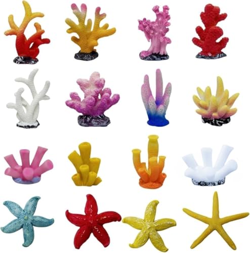 Image of 16 Pcs Aquarium Coral Plant Decor,Vivid Multicolor Resin Artificial Coral Reef Sea Star Decor for Fish Tank Aquarium Landscape Table Home Decor Garden Pond Micro Landscape Scenery