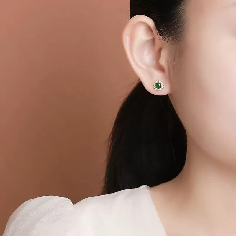 Handmade Jade Earrings Genuine, 18k Yellow Gold Plated, Real Jade in Cubic Zirconia Earrings for Women, Natural Jadeite Studs as Birthday Gifts Luxury Jewelry for Her - Image 4