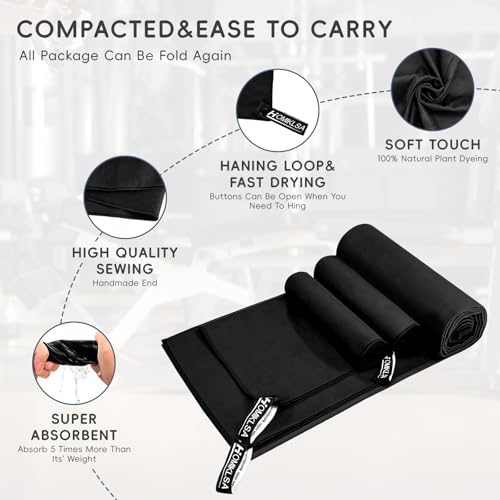 HOMIKLSA Mikrofaser Handtuch 3 Set - Groß 200×100cm & 2 Klein 80×40cm, Schnelltrocknend Microfaser Sporthandtuch, für Reisehandtuch, Badetuch, Fitness & Sport Handtücher und Strandtuch (Schwarz)