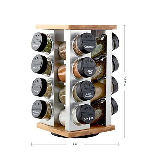 Kamenstein 16 Jar Warner Revolving Countertop Spice Rack Organizer with Lift & Pour Caps and Spices Included, FREE Spice Refills for 5 years, Stainless Steel & Bamboo with Black Caps by Kamenstein - Image 2