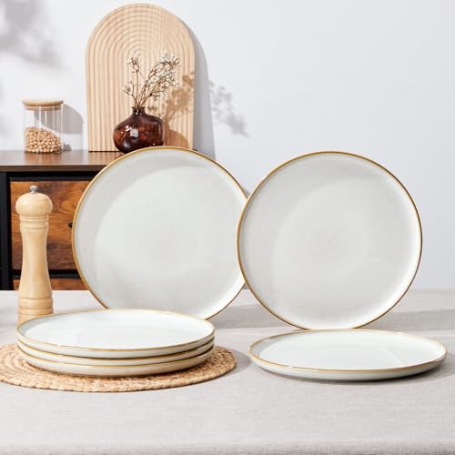 Image of E-far 10.5 inch Ceramic Dinner Plates Set of 6, Large Reactive Glaze Stoneware Dishes, Round Salad Plate for Home Kitchen Restaurant, Microwave & Dishwasher Safe - Seashell White