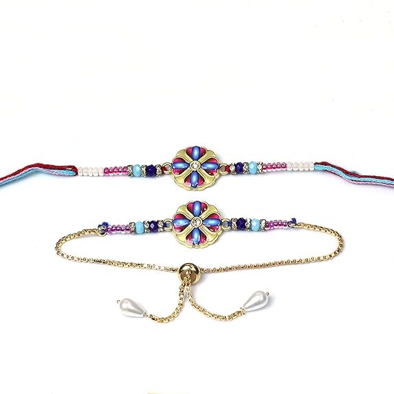 Image of Oblivion Rakhi Set for Brother and Bhabhi - Peacock with Feather Gift for Bhai & Lumba for Bhabhi with Silver Colour Coin and Greeting Card - Raksha Bandhan Combo