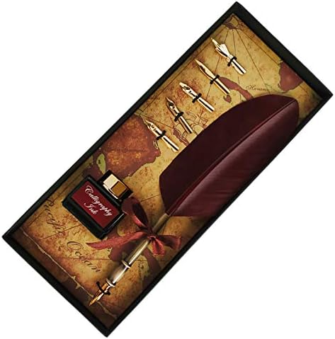 KenTaur Calligraphy Quill Pen Set (CS-0205) - Dip Pen with Brown Turkey Feather, 6 Stainless Steel Nib, and European Ink. Great for Beginner/Enthusiast