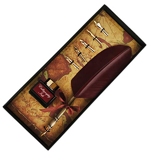 Kentaur Calligraphy Quill Pen Set (Cs-0205) - Dip Pen With Brown Turkey Feather, 6 Stainless Steel Nib, And European Ink. Great For Beginner/Enthusiast #TOP2