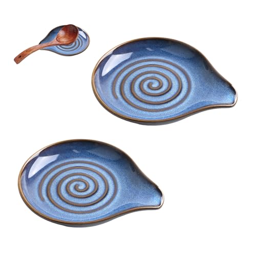 Luckwaii Löffelablage Keramik mit Spiralmuster 2 Stück Porzellan Stehende Löffelhalter Kochlöffelablage Ständer Kochlöffel Ablage Kochlöffelhalter Spoon Rest Ceramic für Küche Küchenutensilien Löffel