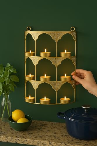 Image of CraftVatika Tealight Candle Holder, Festiv Decor Diwali Decoration for Home, Wall Hanging Metal Jharokha 9 Tealight Candle Holder Votive Stand Frame Christmas Diwali Gift Items for Family Friends