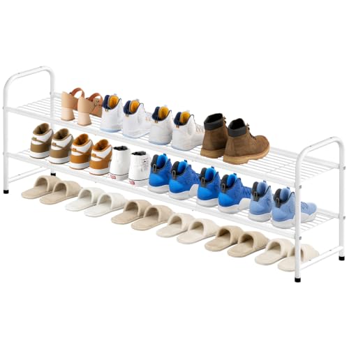 Image of KEETDY 2-Tier Long Shoe Rack for Closet Metal Shoe Organizer for Entryway, Wide Stackable Shoe Storage Shelf with Sturdy Wire Grid for Closet Floor, Bedroom, White