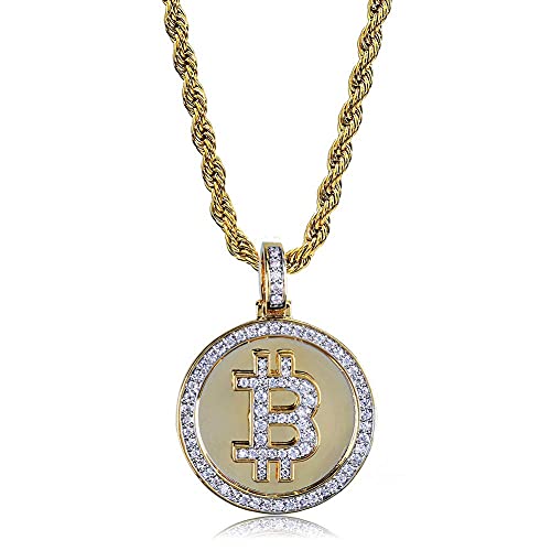 JAJAFOOK Iced Out CZ Simulated Diamond 14K Gold Plated Bitcoin Cryptocurrency Pendant Necklace with Rope Chain - Image 6
