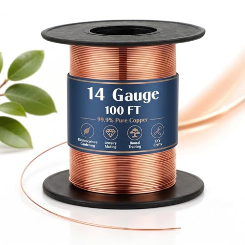 Therwen 100ft 14 Gauge Copper Wire for Gardening Electroculture Bonsai Jewelry Making Beading DIY Craft Pure Bare Copper Wire Spool